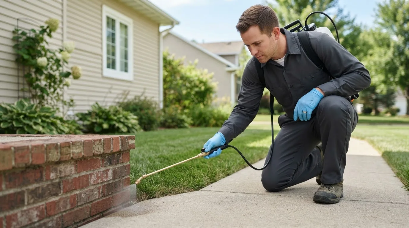 Pest control technician treating a home near Unity, OR