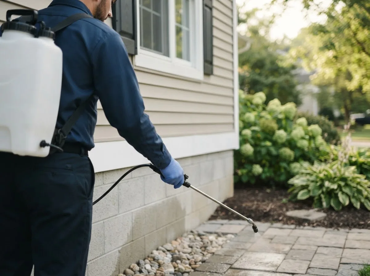 Pest control technician inspecting a home in Unity, OR